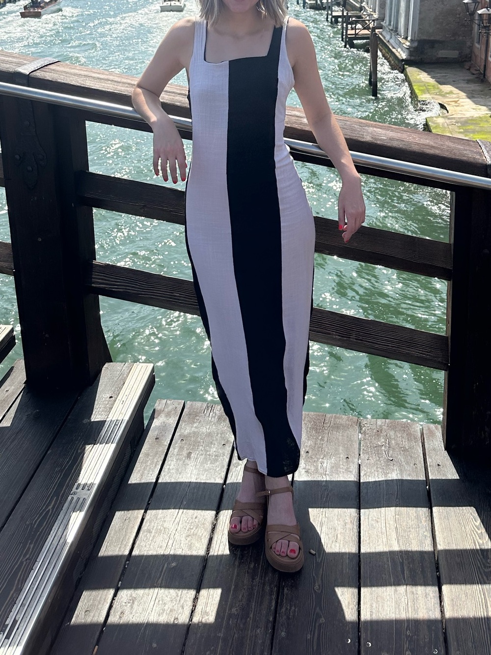 Black and Cream Striped Linen-Blend Maxi Dress